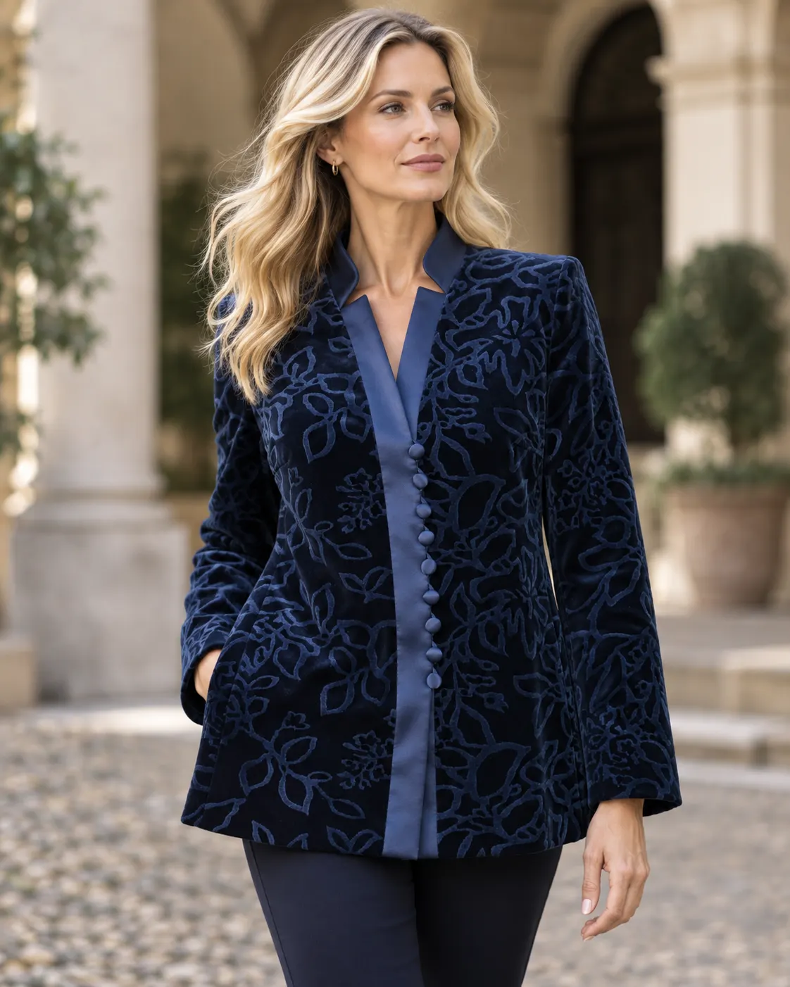 Daniela Sivelli, Giacca in velluto imprimé e bordi raso — collezione A/I 26, Milano